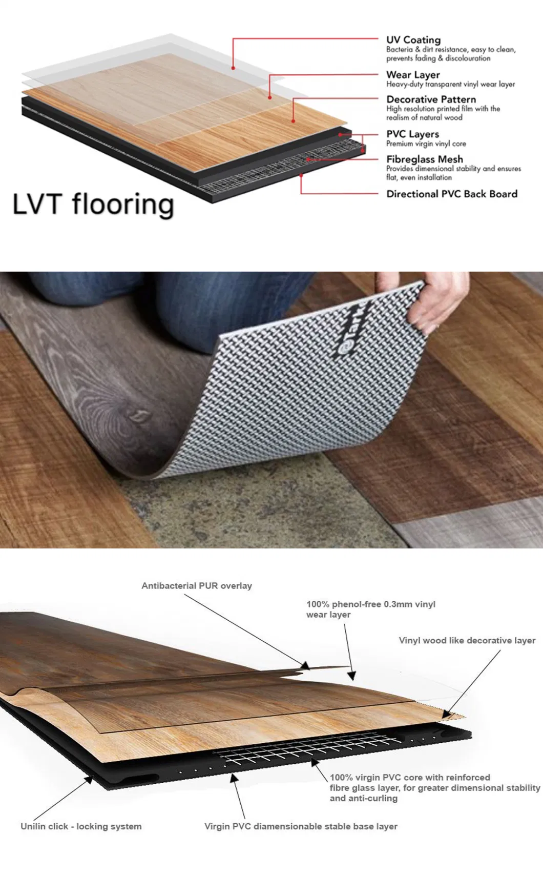 UV Coating Self-Adhesive Wear Layer Certified Wood Look Waterproof Luxury PVC Plastic Lvt Flooring Vinyl Plank Sheet Floor for Indoor Decoration with Glue Down